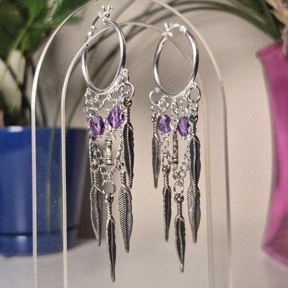 Handmade Bohemian Hoop Earrings with Feathers and Moons - Picture 2 of 3